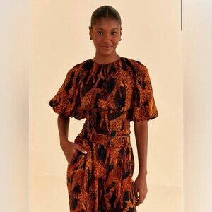 Farm Rio Black Giraffes Puff Sleeve Blouse Size XS